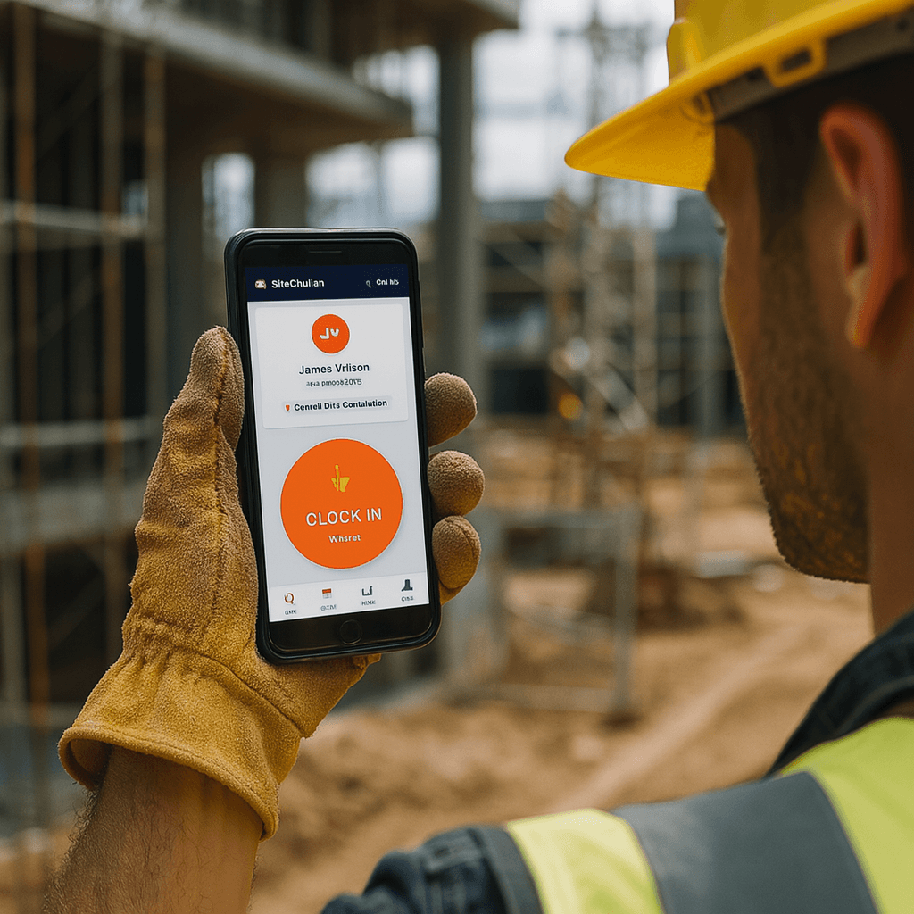 Construction worker easily clocking in on mobile phone using SiteClockIn app interface on construction site