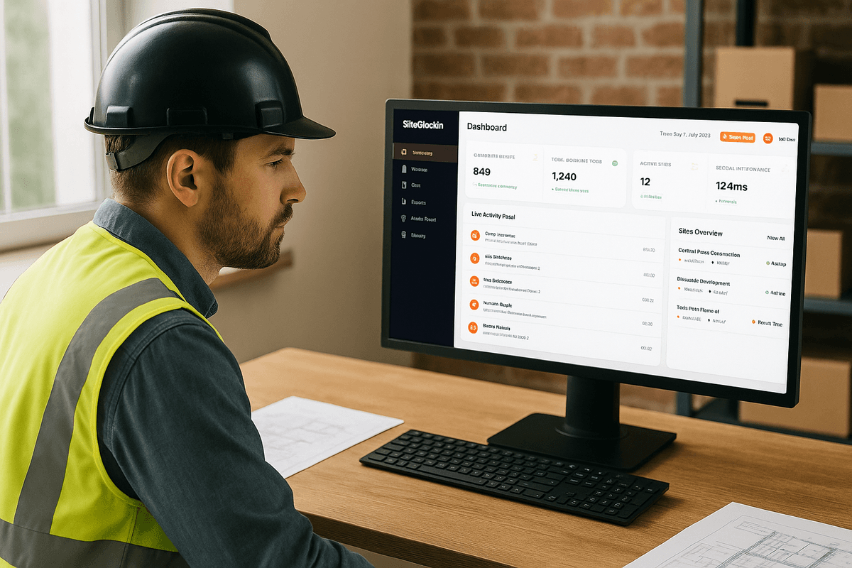 SiteClockIn site manager dashboard showing real-time worker tracking, attendance analytics, and construction site management interface