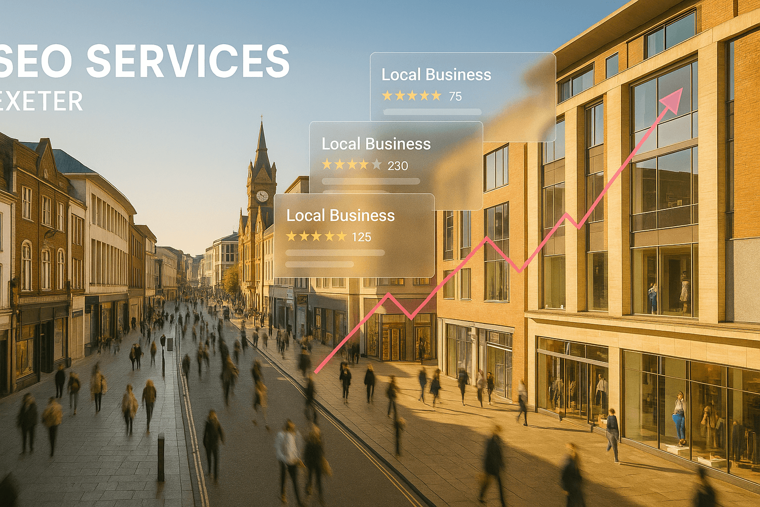 Expert SEO Services for Exeter businesses - Pink Frog Studio SEO Services Exeter - Pink Frog Studio helping Devon businesses rank higher with Exeter city center in background