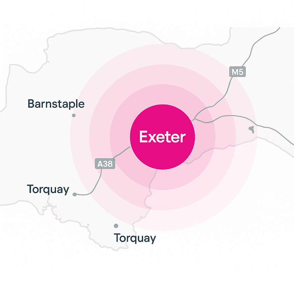 Digital marketing services across Exeter, Devon and the South West Pink Frog Studio service area covering Exeter and Devon