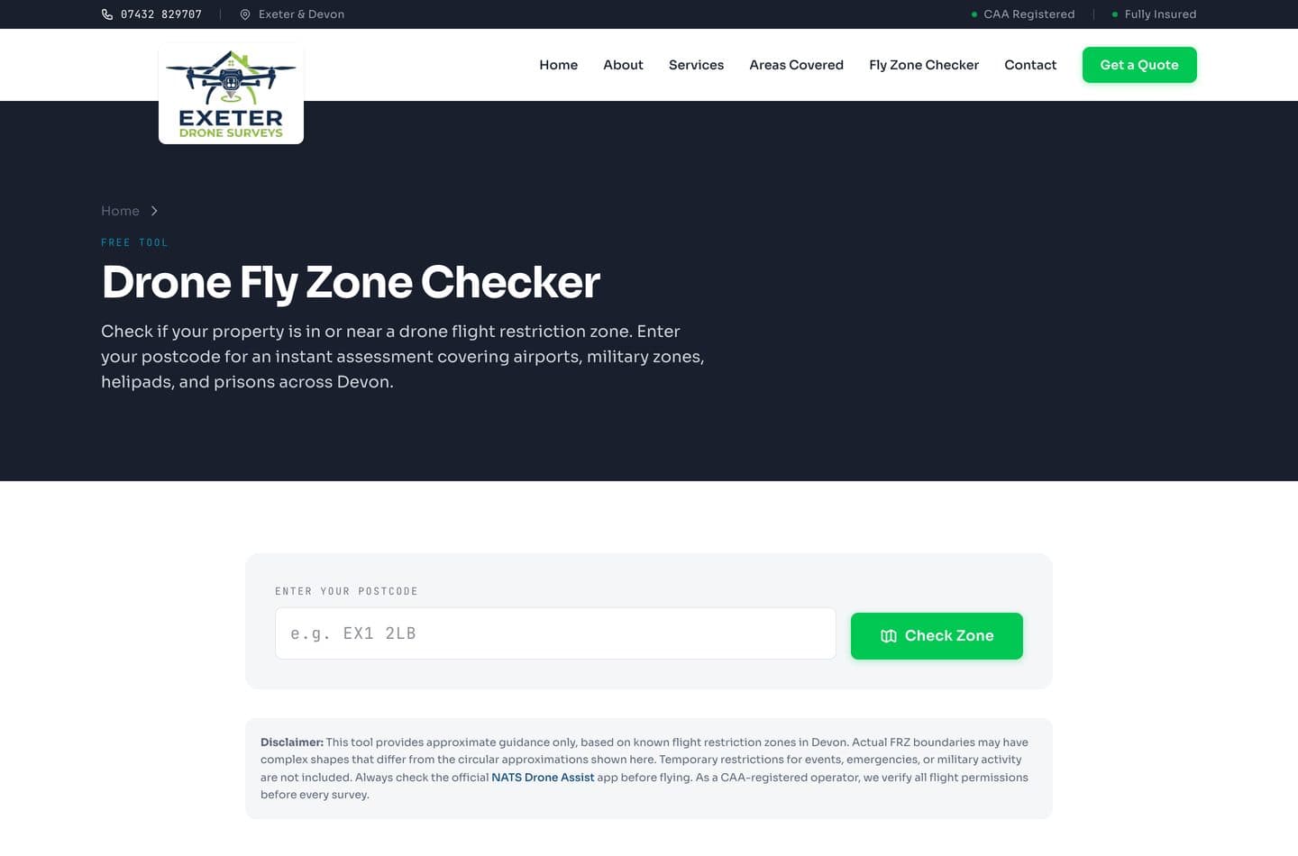 Exeter Drone Surveys Fly Zone Checker — a free postcode tool that checks whether a property is in or near a drone flight-restriction zone, with a “Check Zone” button