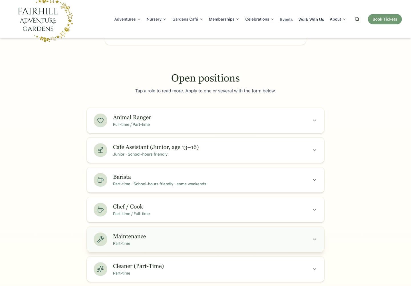 Fairhill “Work with us” page — open positions including Animal Ranger, Cafe Assistant, Barista, Chef and Maintenance with apply links