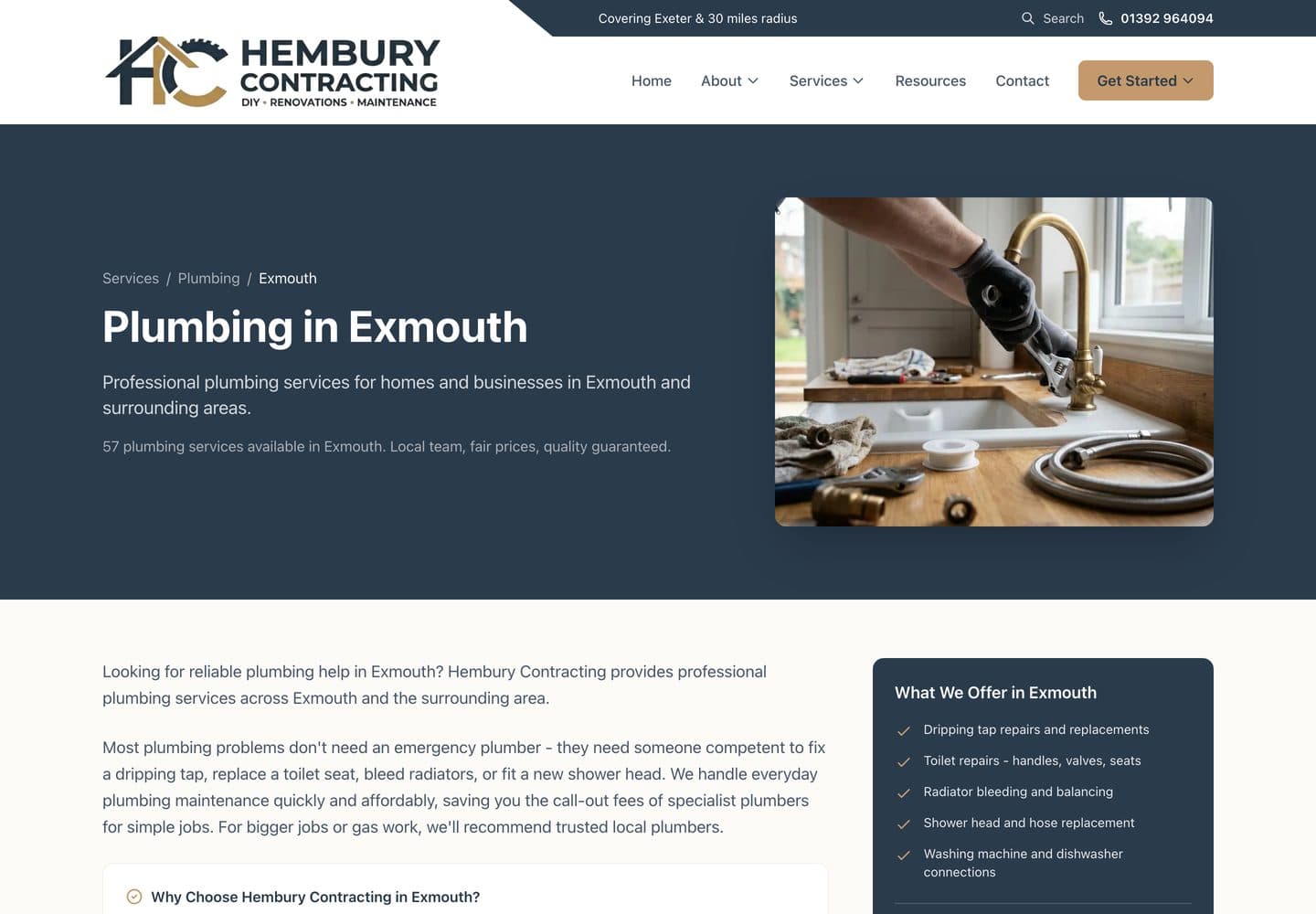 Hembury Contracting location landing page — “Plumbing in Exmouth”, 57 plumbing services available locally with what’s offered and a booking route