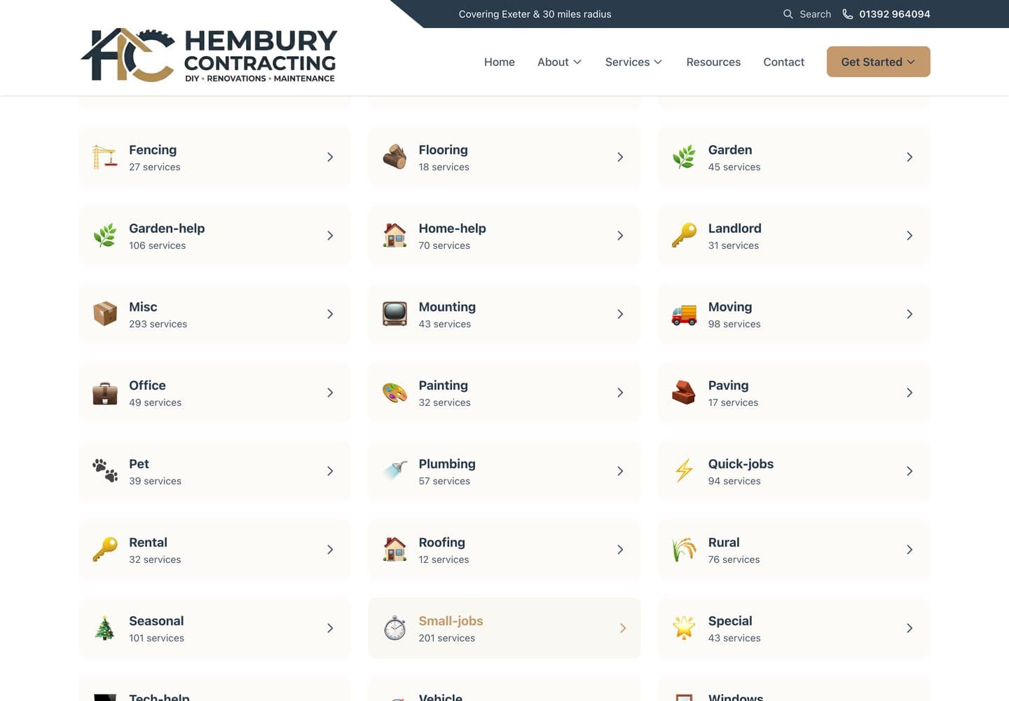 Hembury Contracting services index — categories like Plumbing (57 services), Small-jobs (201), Misc (293) and Vehicle (151), with 2,400+ services / 36 categories / 20+ locations / 30mi coverage