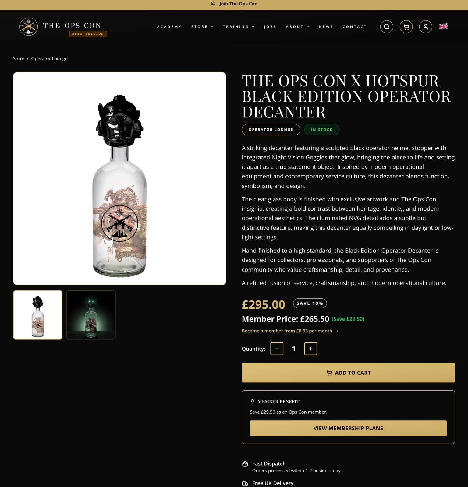 The OpsCon store — The Ops Con x Hotspur Black Edition Operator Decanter product page showing the in-stock badge, standard price and lower member price
