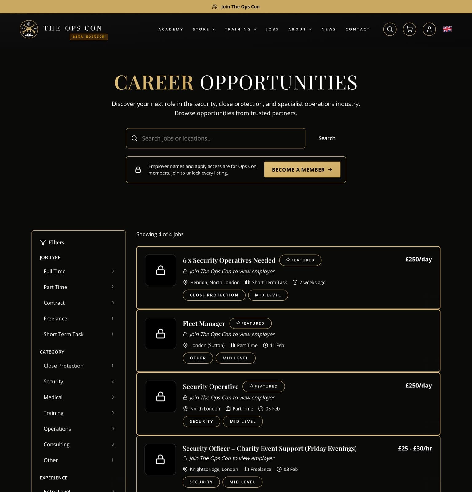 The OpsCon jobs board — member-gated career opportunities with filters by job type, category and experience level