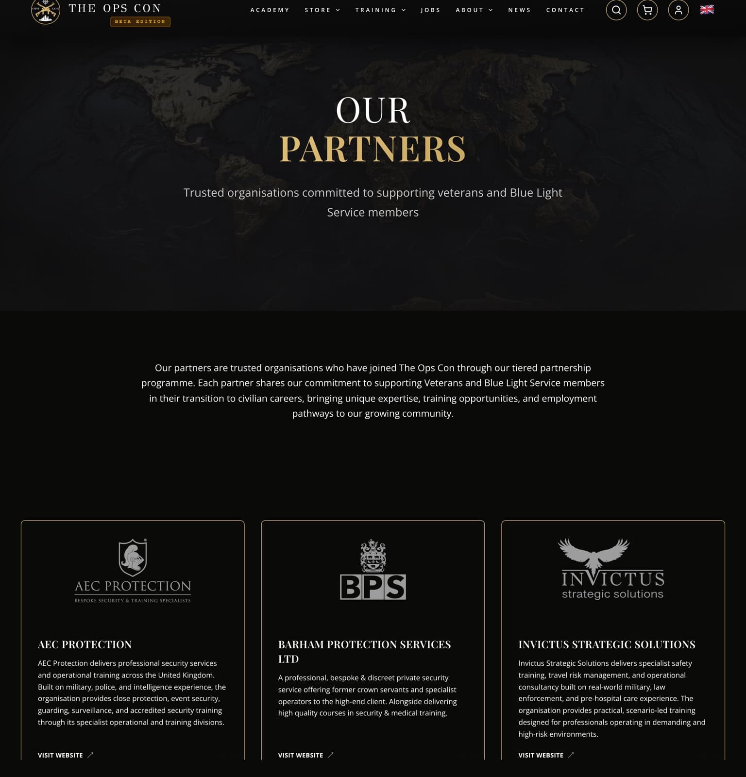The OpsCon partners page — trusted partner organisations including AEC Protection, Barham Protection Services and Invictus Strategic Solutions