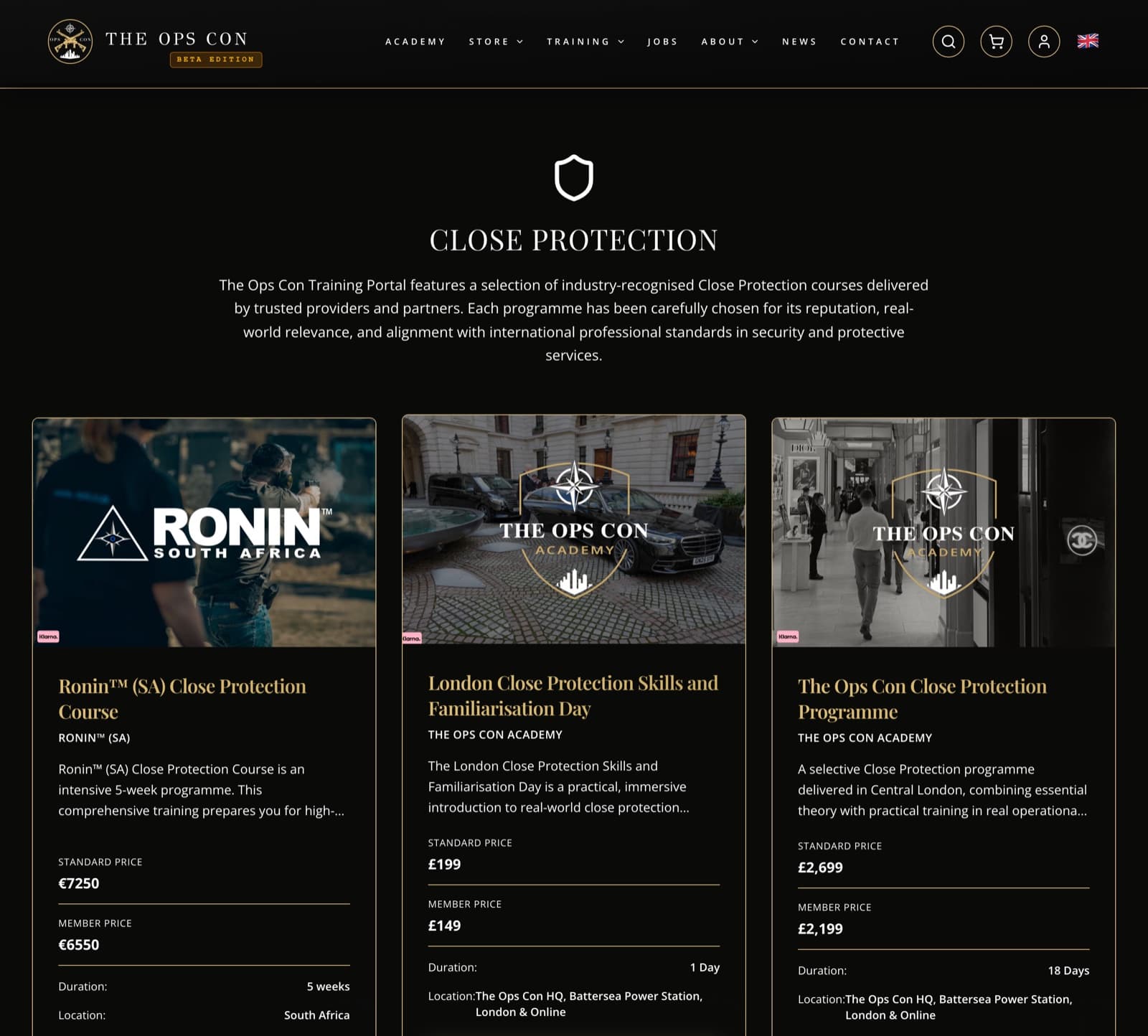 The OpsCon training courses listing — Close Protection programmes with standard and member pricing, duration and location