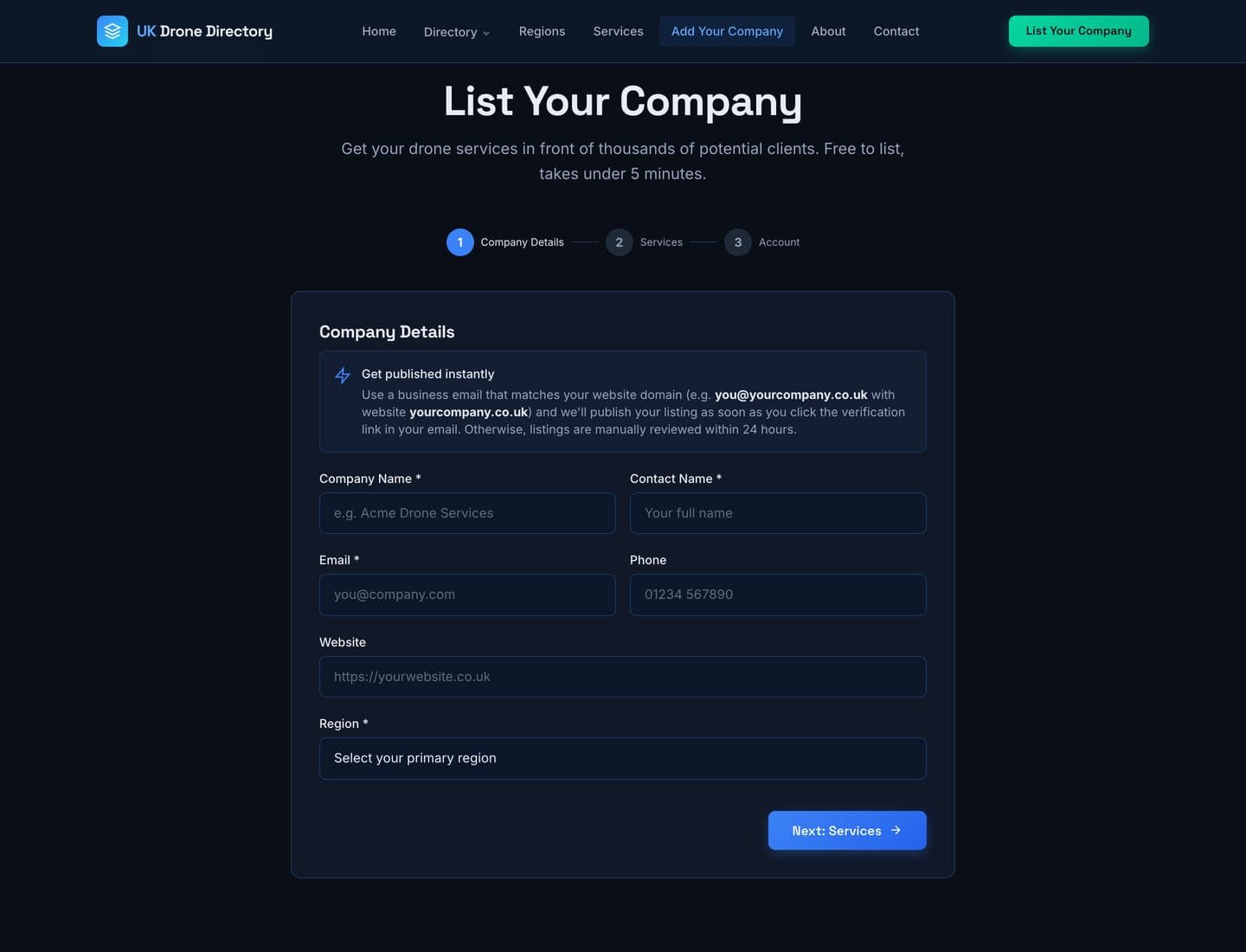 UK Drone Directory “List Your Company” sign-up — a three-step wizard (company details, services, account) with instant publishing for domain-matched emails