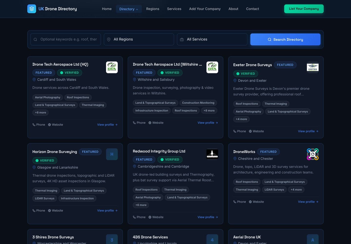 UK Drone Directory search results — verified and featured operator cards with service tags, filterable by region and service