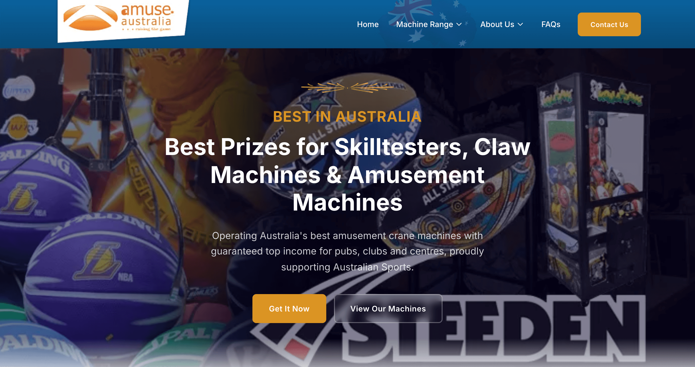 Amuse Australia homepage — “Best Prizes for Skilltesters, Claw Machines & Amusement Machines” with guaranteed top income for venues