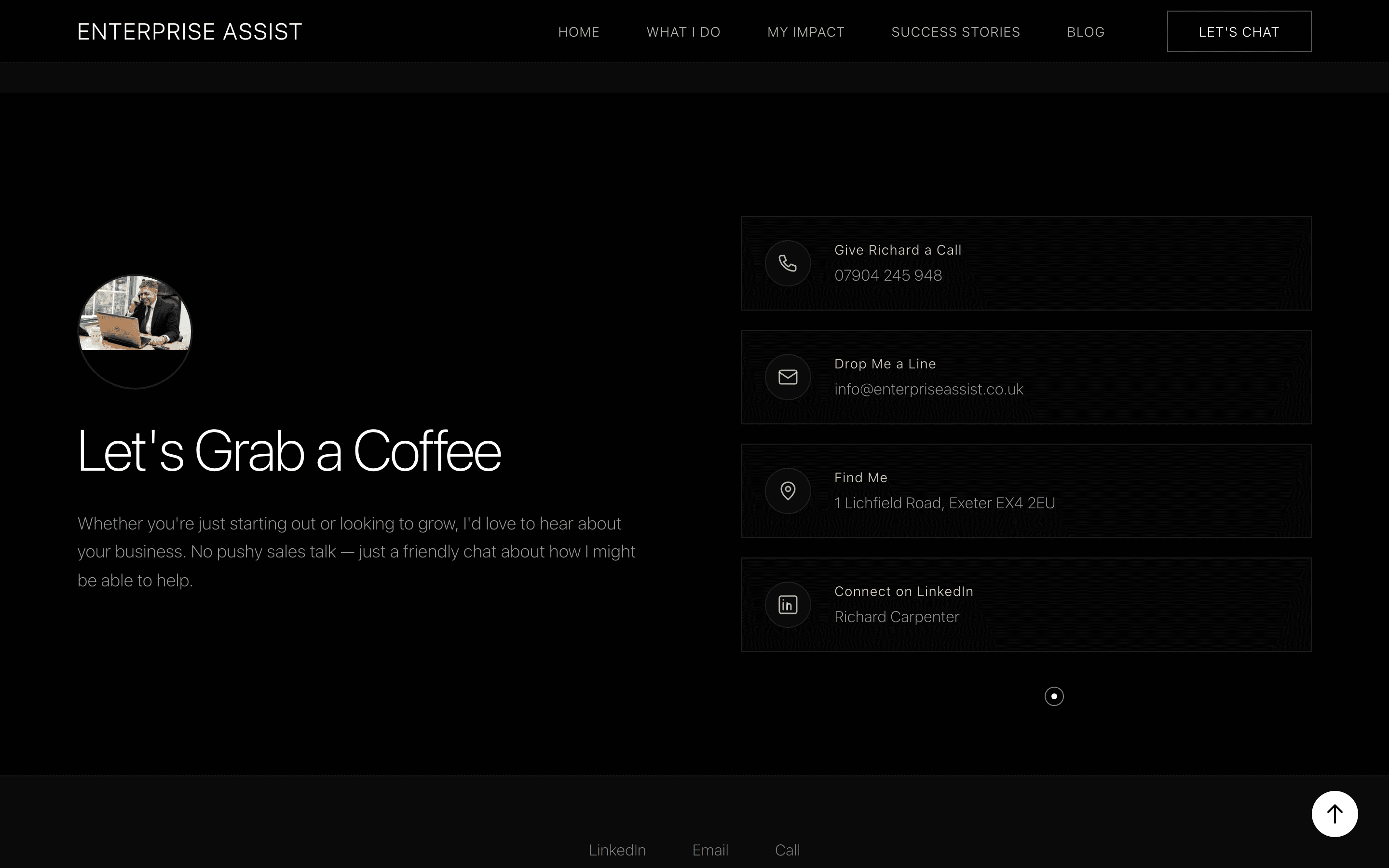 Enterprise Assist contact section — “Let’s grab a coffee” with call, email, address and LinkedIn details laid out as clean cards