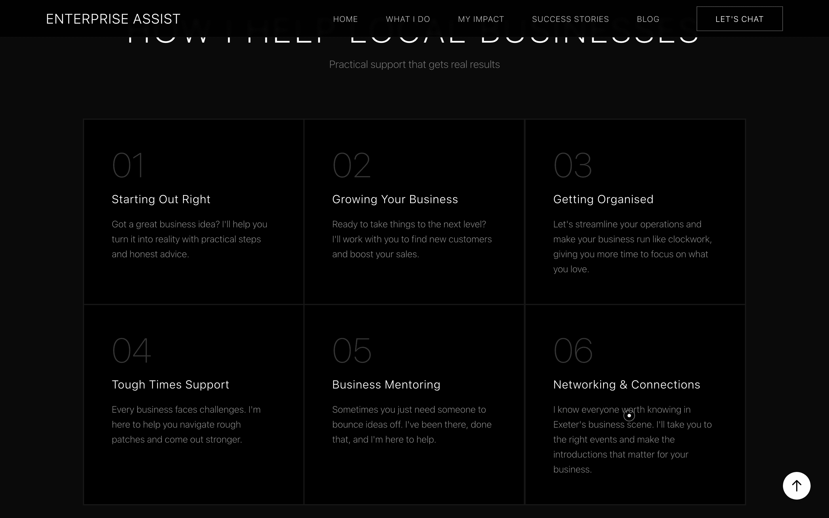 Enterprise Assist “How I help local businesses” section — six numbered support areas from starting out to networking