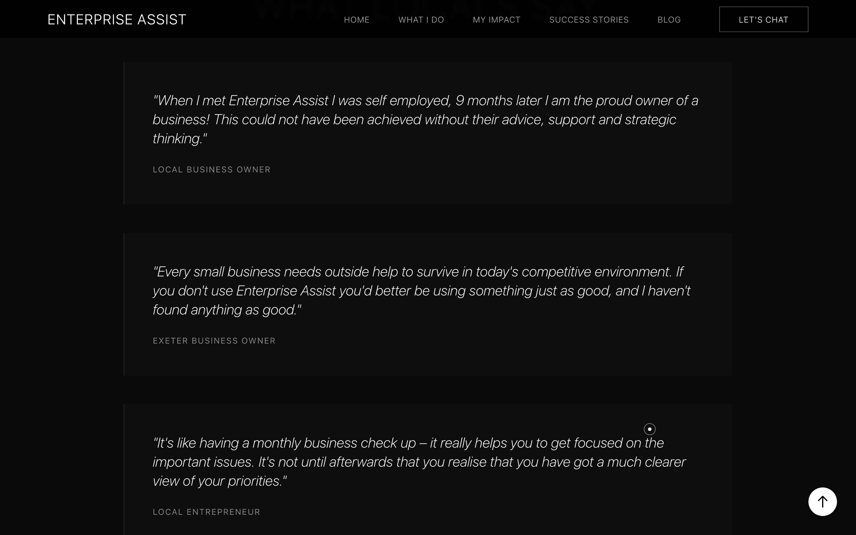 Enterprise Assist testimonials section — quotes from local Exeter business owners