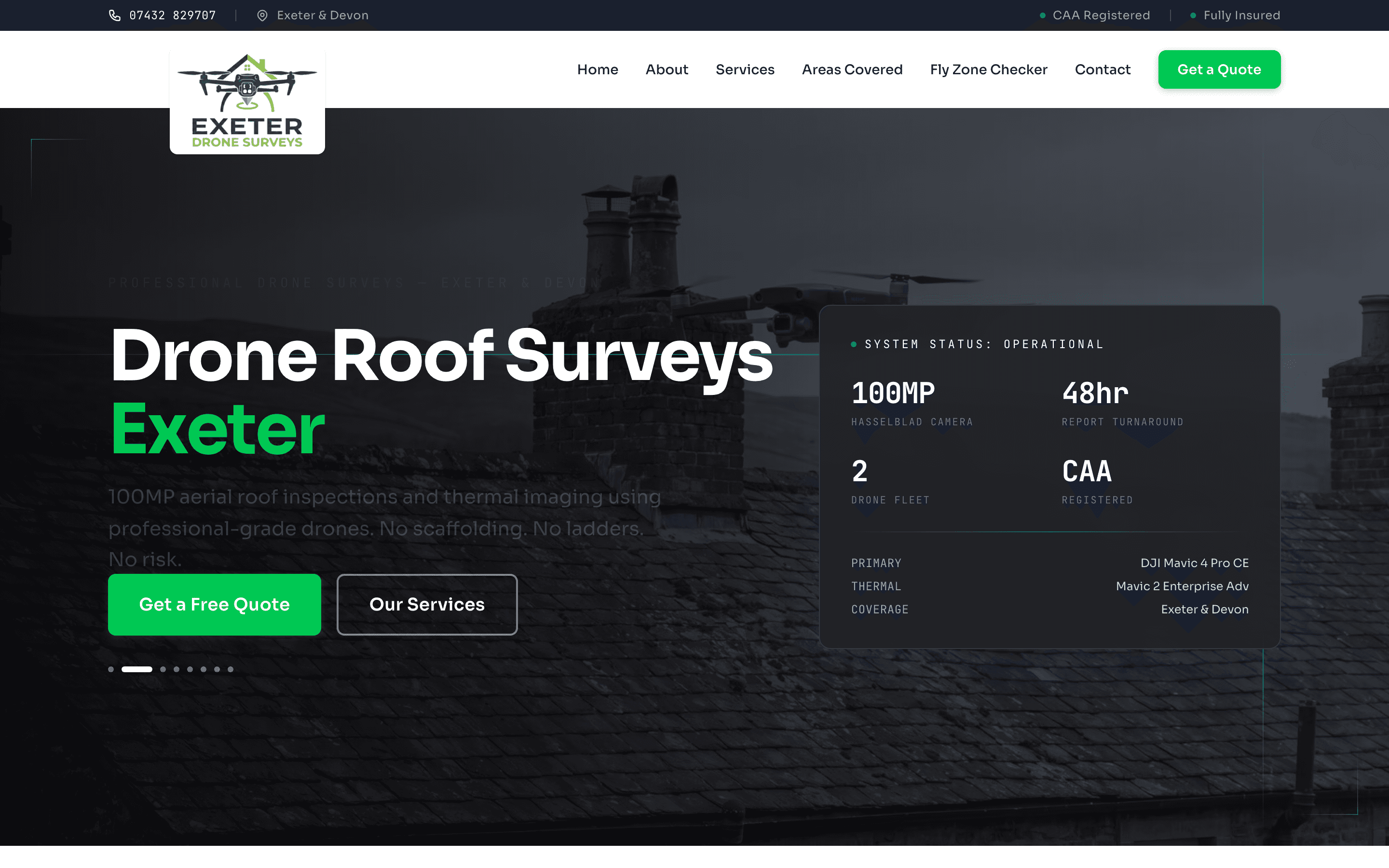 Exeter Drone Surveys homepage — “Drone Roof Surveys Exeter” with a 100MP / 48hr / CAA status panel