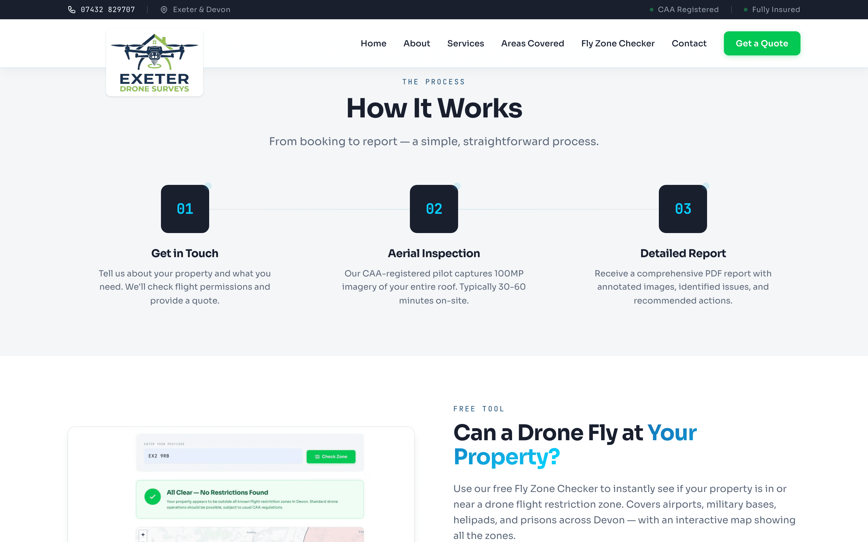 Exeter Drone Surveys “How It Works” process and the free Fly Zone Checker tool