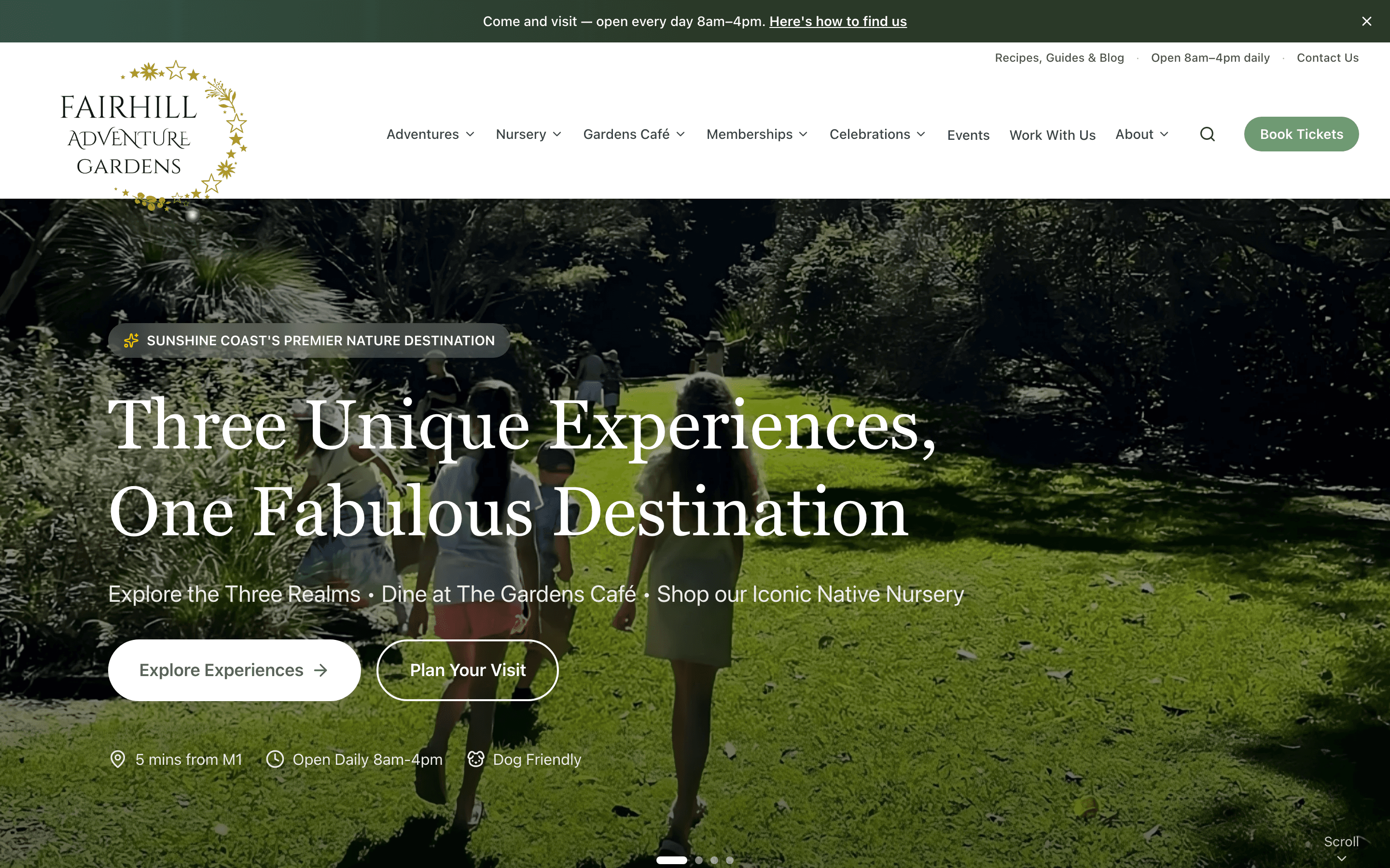 Fairhill homepage — “Three Unique Experiences, One Fabulous Destination” over the gardens