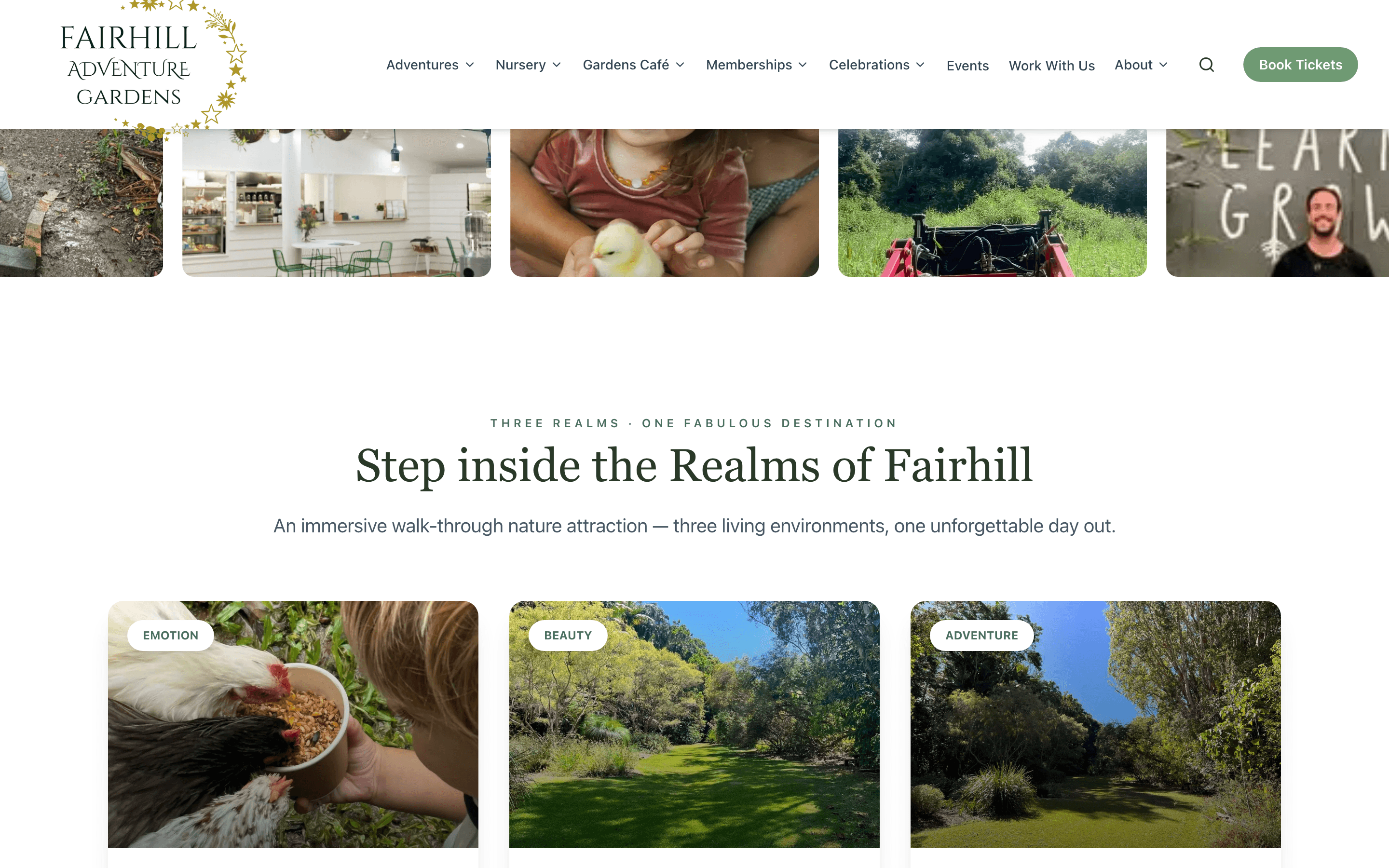 Fairhill’s Three Realms section — Emotion, Beauty and Adventure