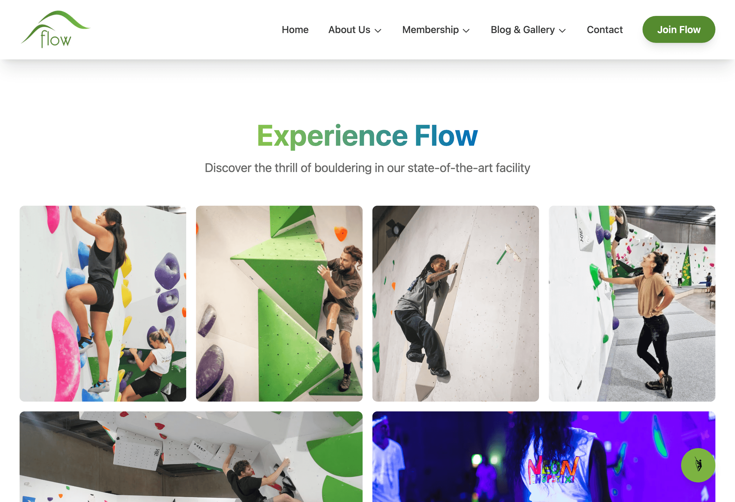 Flow Bouldering “Experience Flow” gallery — climbers on colourful bouldering walls
