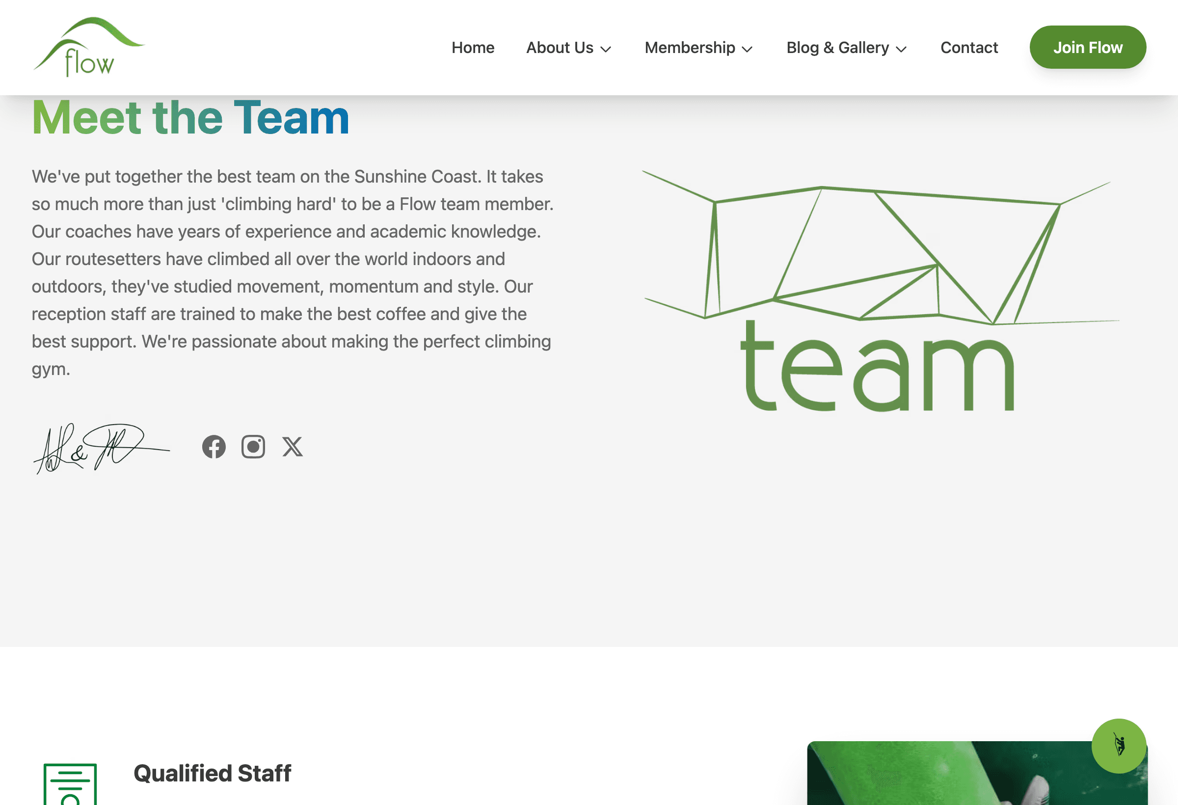 Flow Bouldering “Meet the Team” section — coaches and routesetters