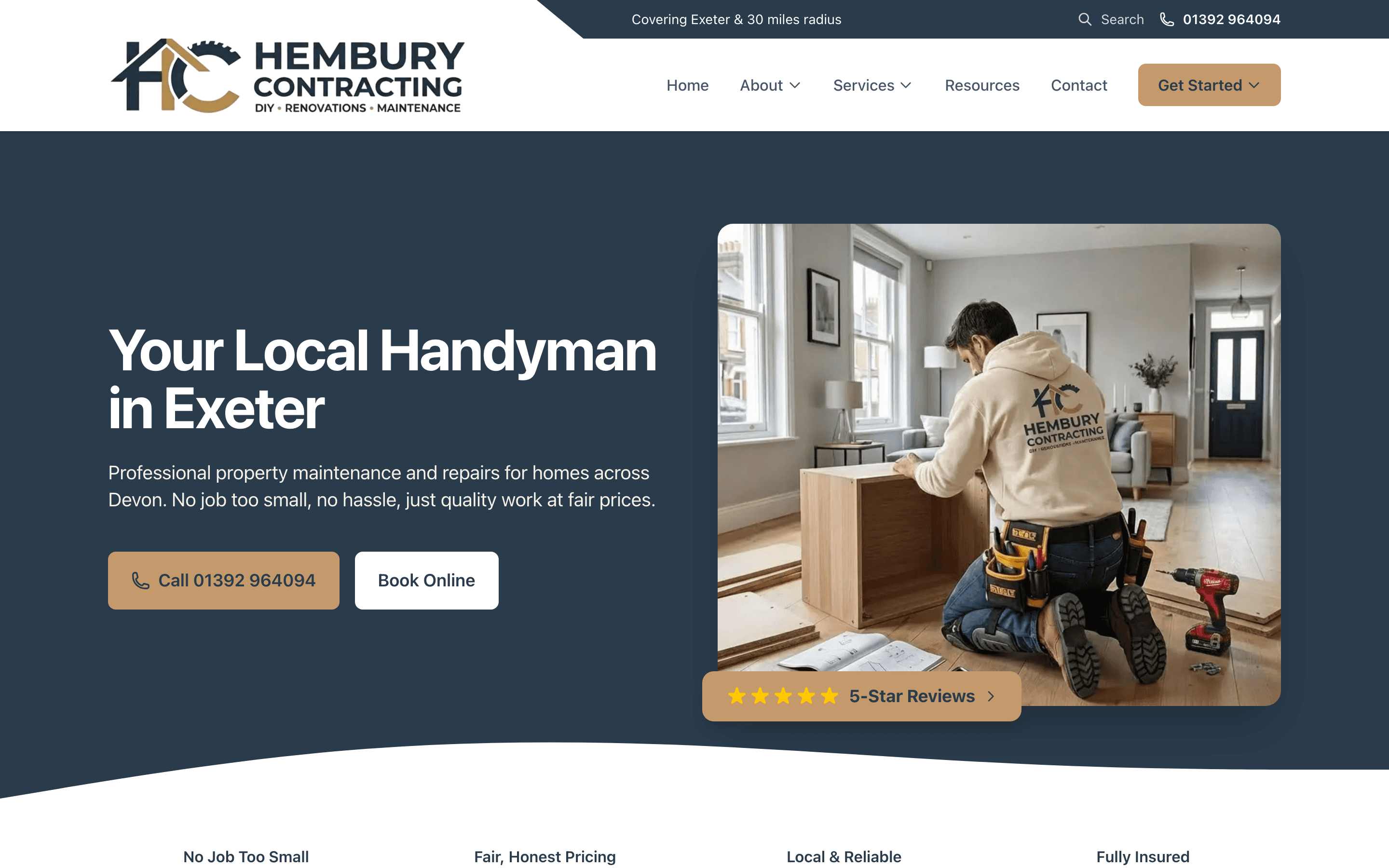 Hembury Contracting homepage — “Your Local Handyman in Exeter” with a 5-star reviews badge