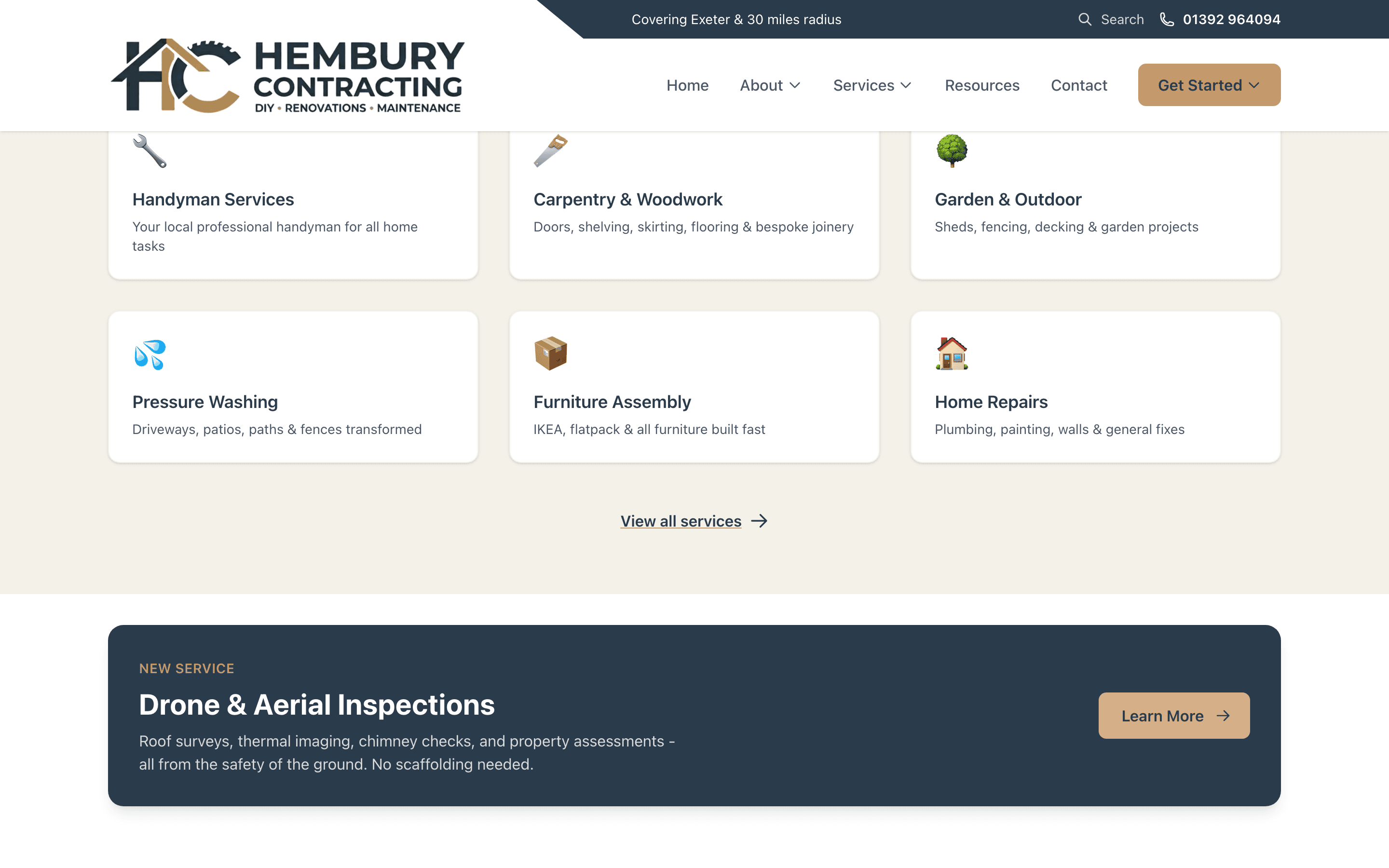 Hembury Contracting services grid — handyman, carpentry, garden, pressure washing, furniture assembly, home repairs