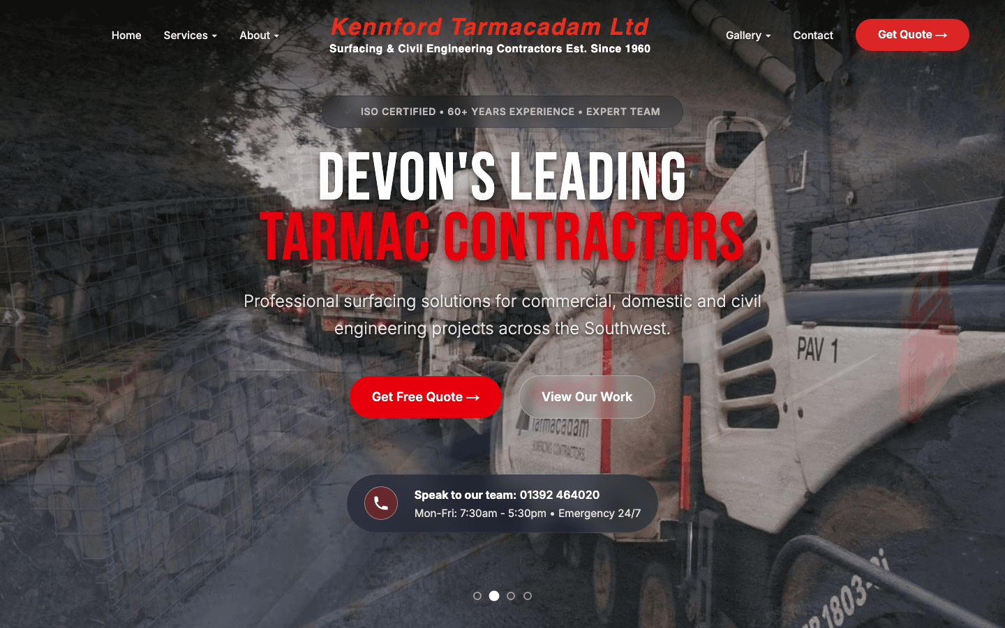 Kennford Tarmacadam homepage — “Devon’s Leading Tarmac Contractors”, surfacing & civil engineering since 1960