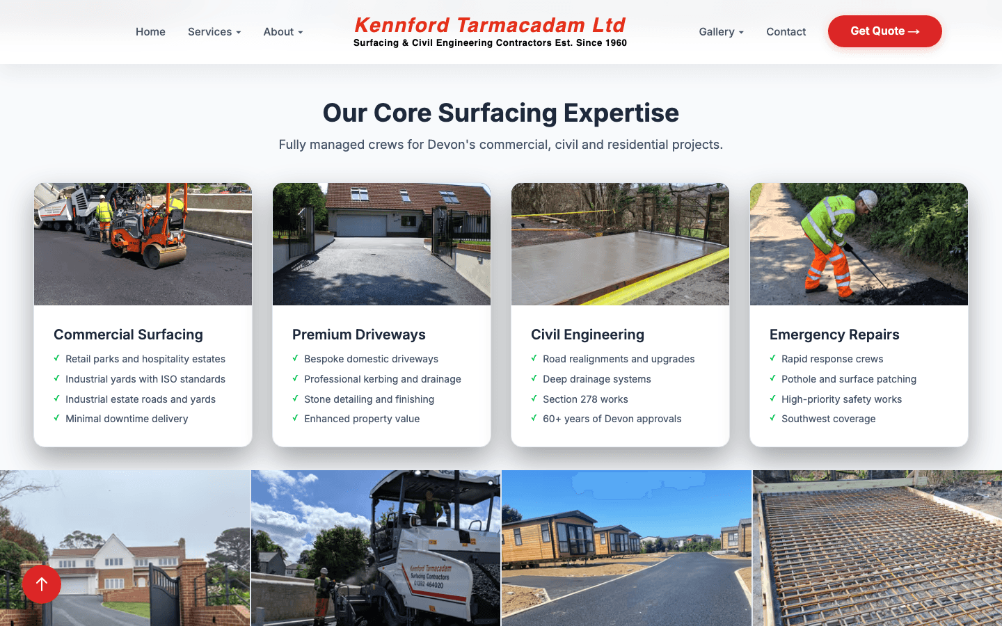 Kennford Tarmacadam “Our Core Surfacing Expertise” — commercial surfacing, premium driveways, civil engineering, emergency repairs