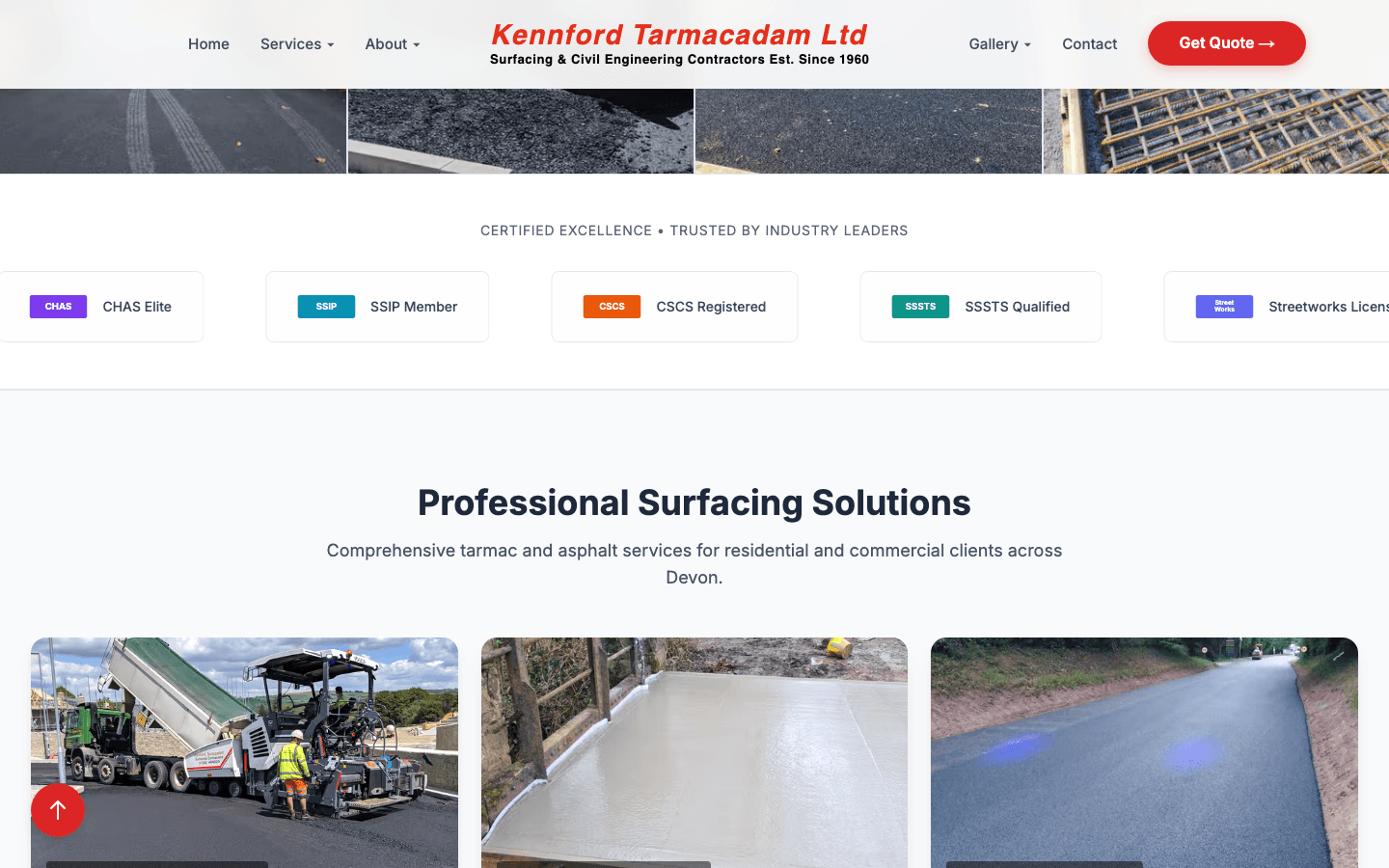 Kennford Tarmacadam certification band — CHAS Elite, CSCS Registered, Streetworks licensed — above “Professional Surfacing Solutions”