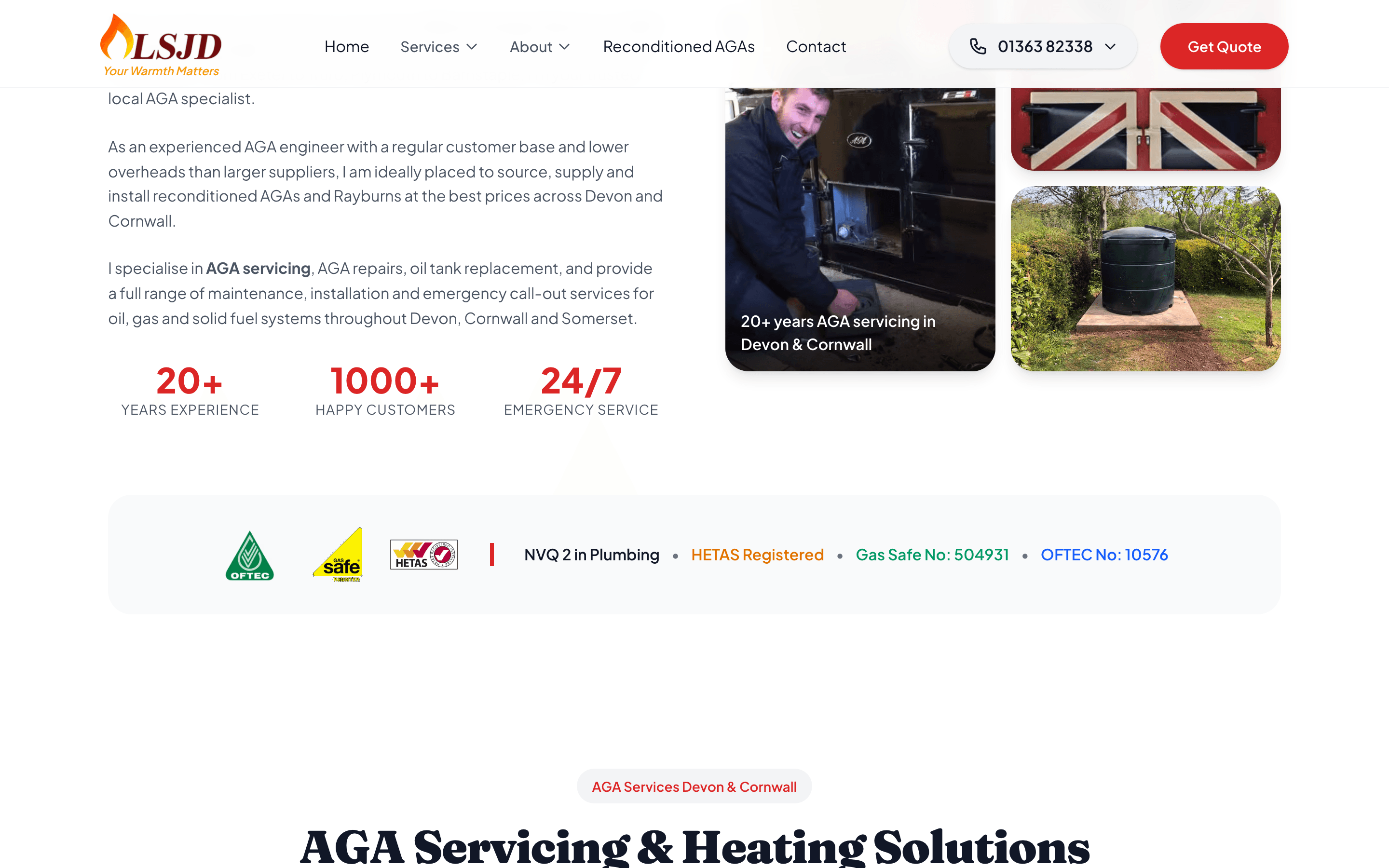 LSJD about section — Luke at an AGA, 20+ years, 1000+ customers, OFTEC / HETAS / Gas Safe accreditations