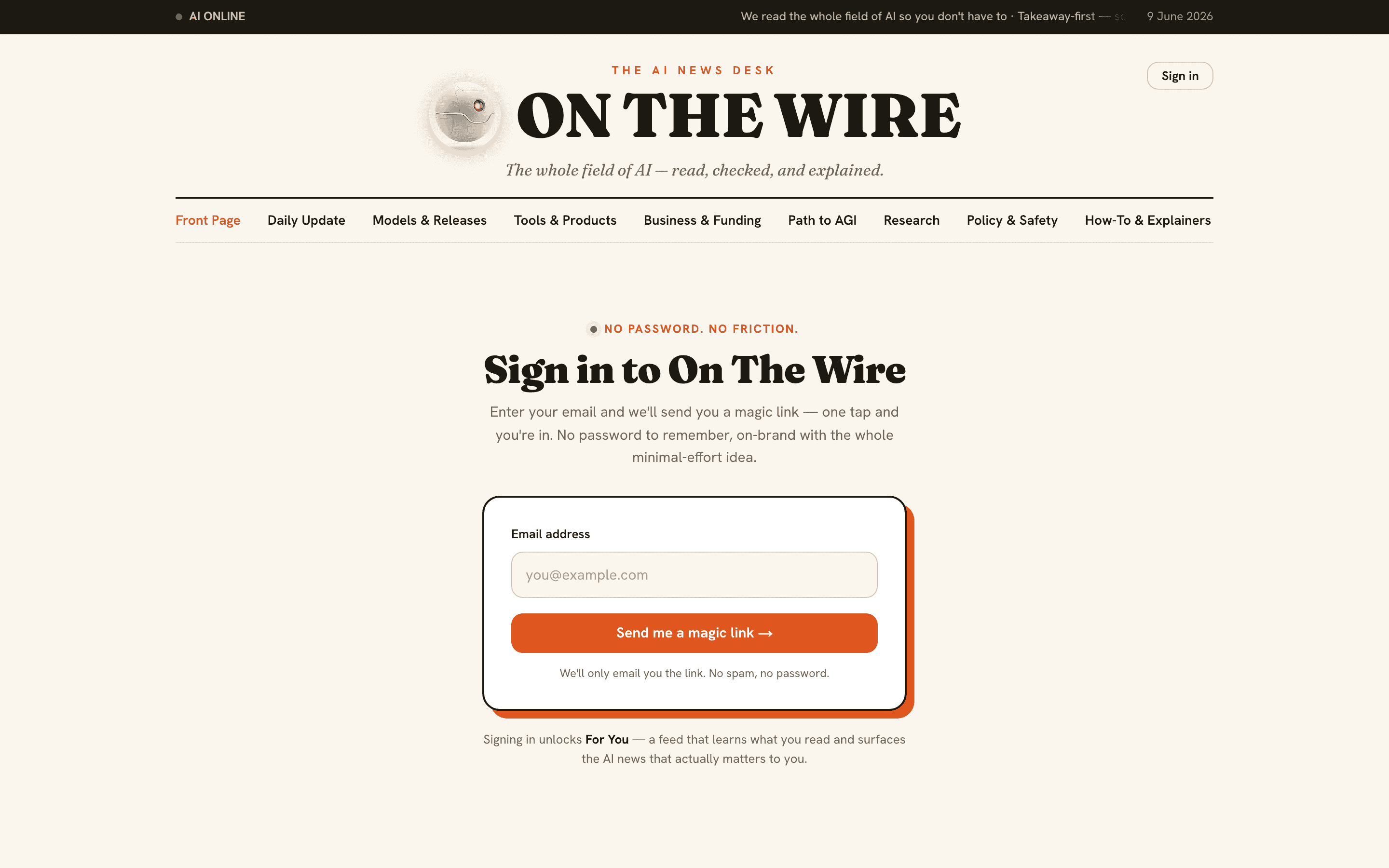 On The Wire passwordless sign-in — a magic-link login, no password