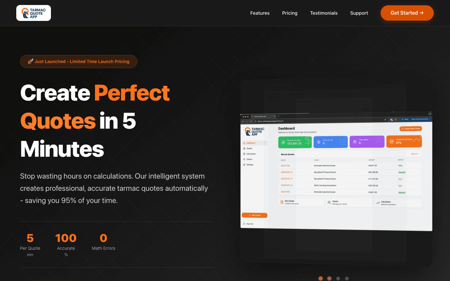 TarmacQuote homepage — “Create Perfect Quotes in 5 Minutes” over a live quoting dashboard