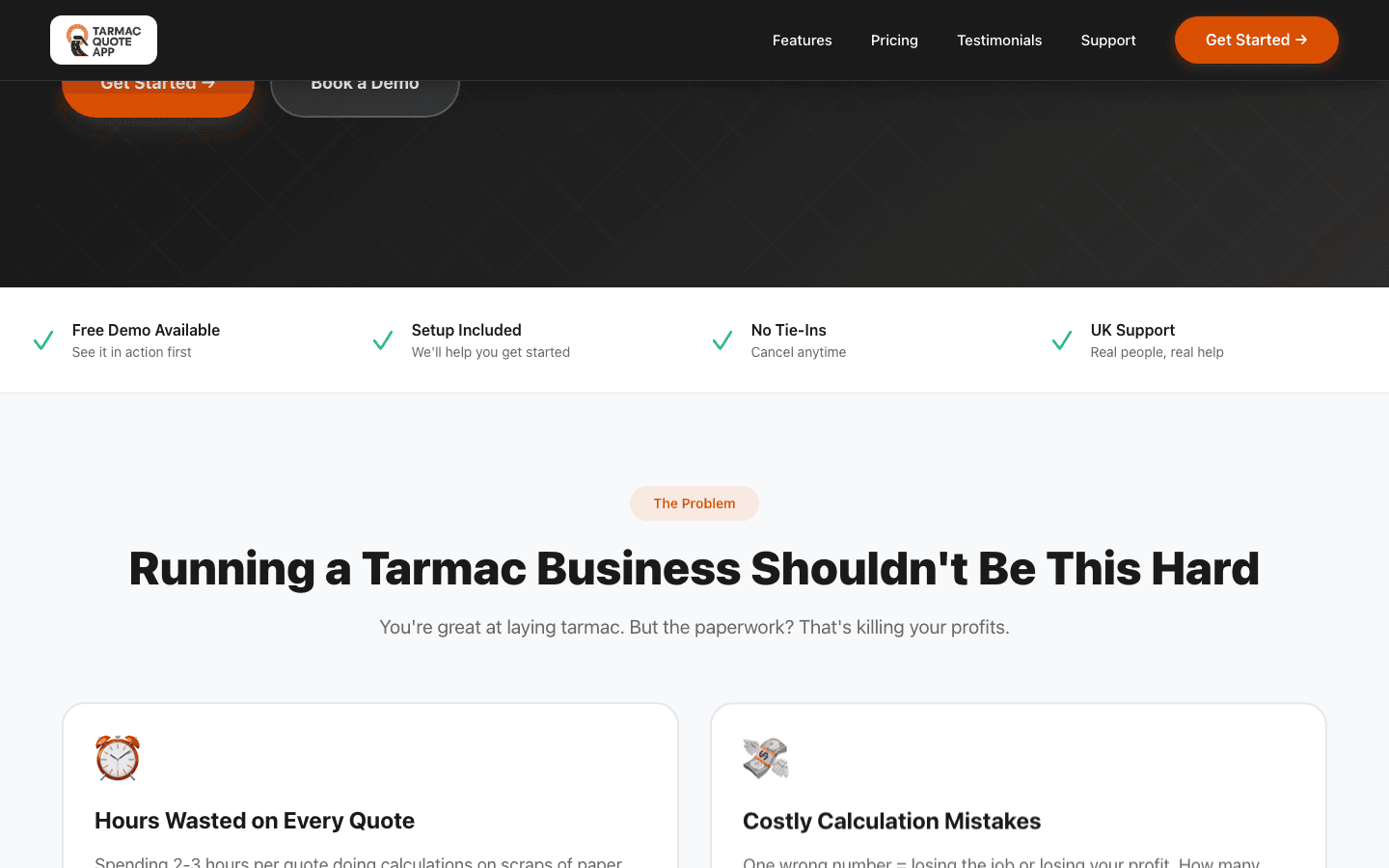TarmacQuote “Running a Tarmac Business Shouldn’t Be This Hard” problem section with trust markers