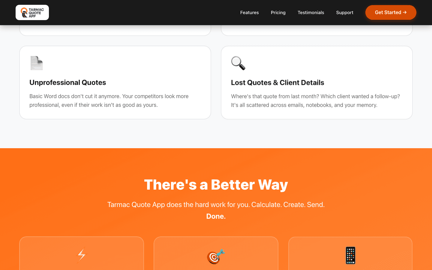 TarmacQuote “There’s a Better Way” section — calculate, create, send, done