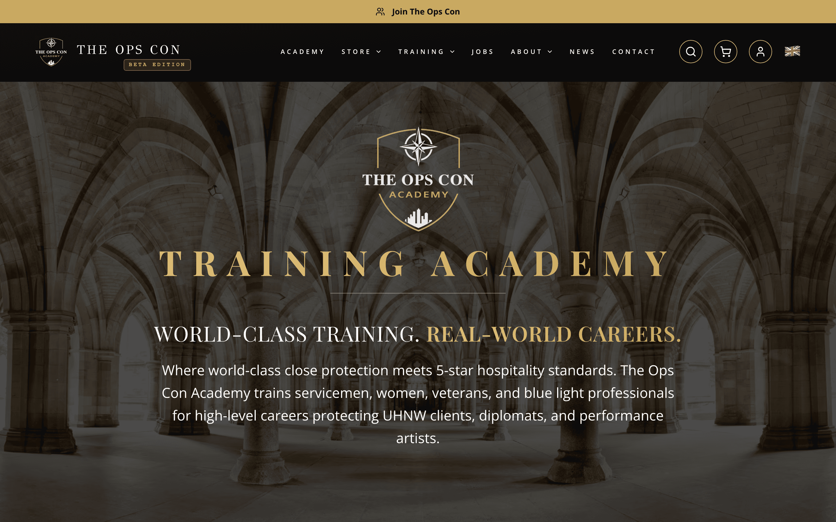 The OpsCon Academy training page — “World-class training. Real-world careers.”