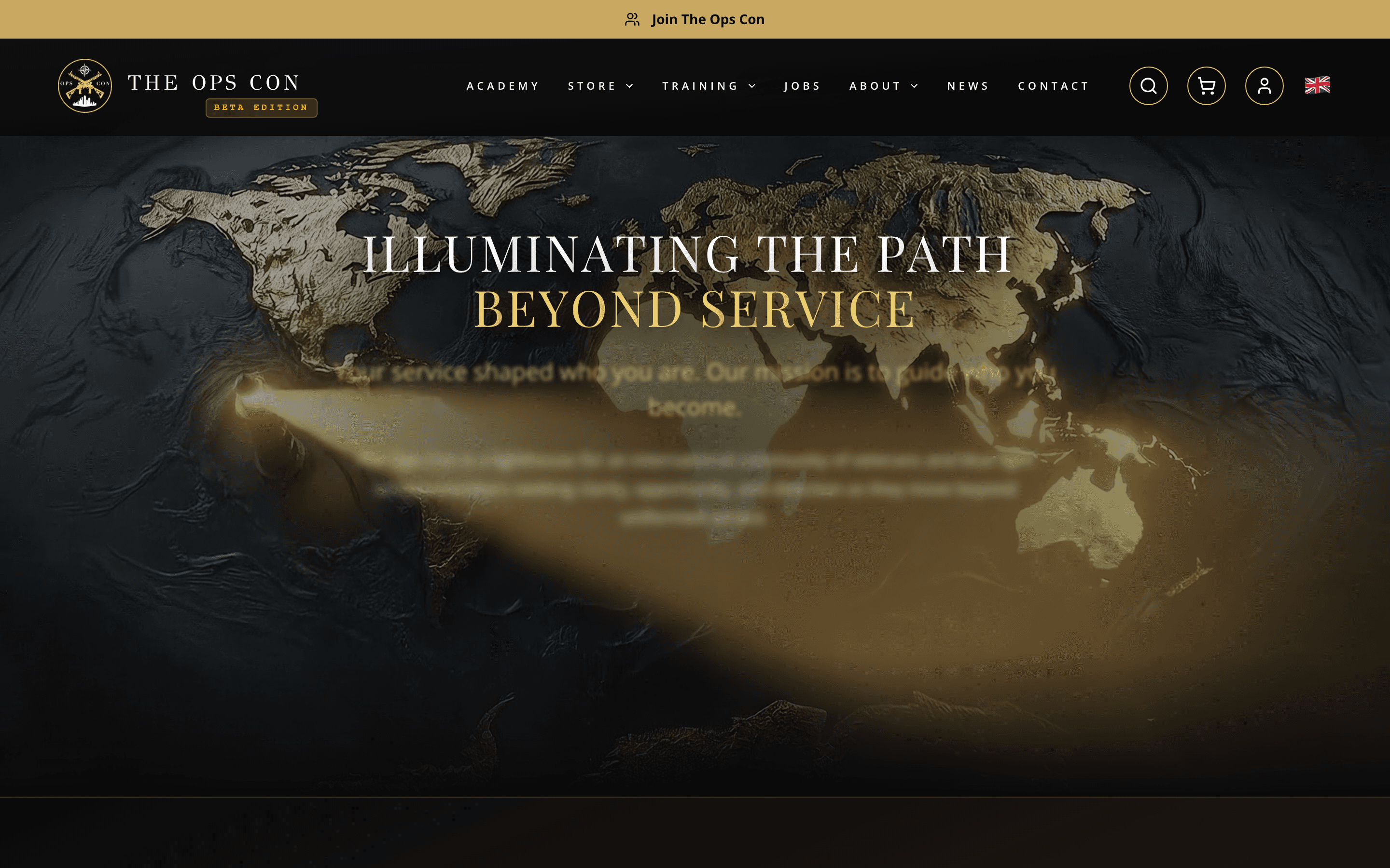 The OpsCon homepage — “Illuminating the Path Beyond Service” hero over a lighthouse-beam world map