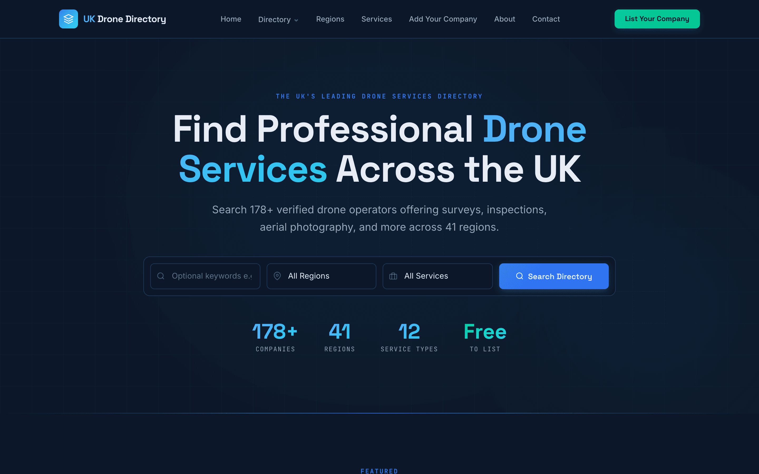 UK Drone Directory homepage — “Find Professional Drone Services Across the UK” with search and 178+ / 41 / 12 stats