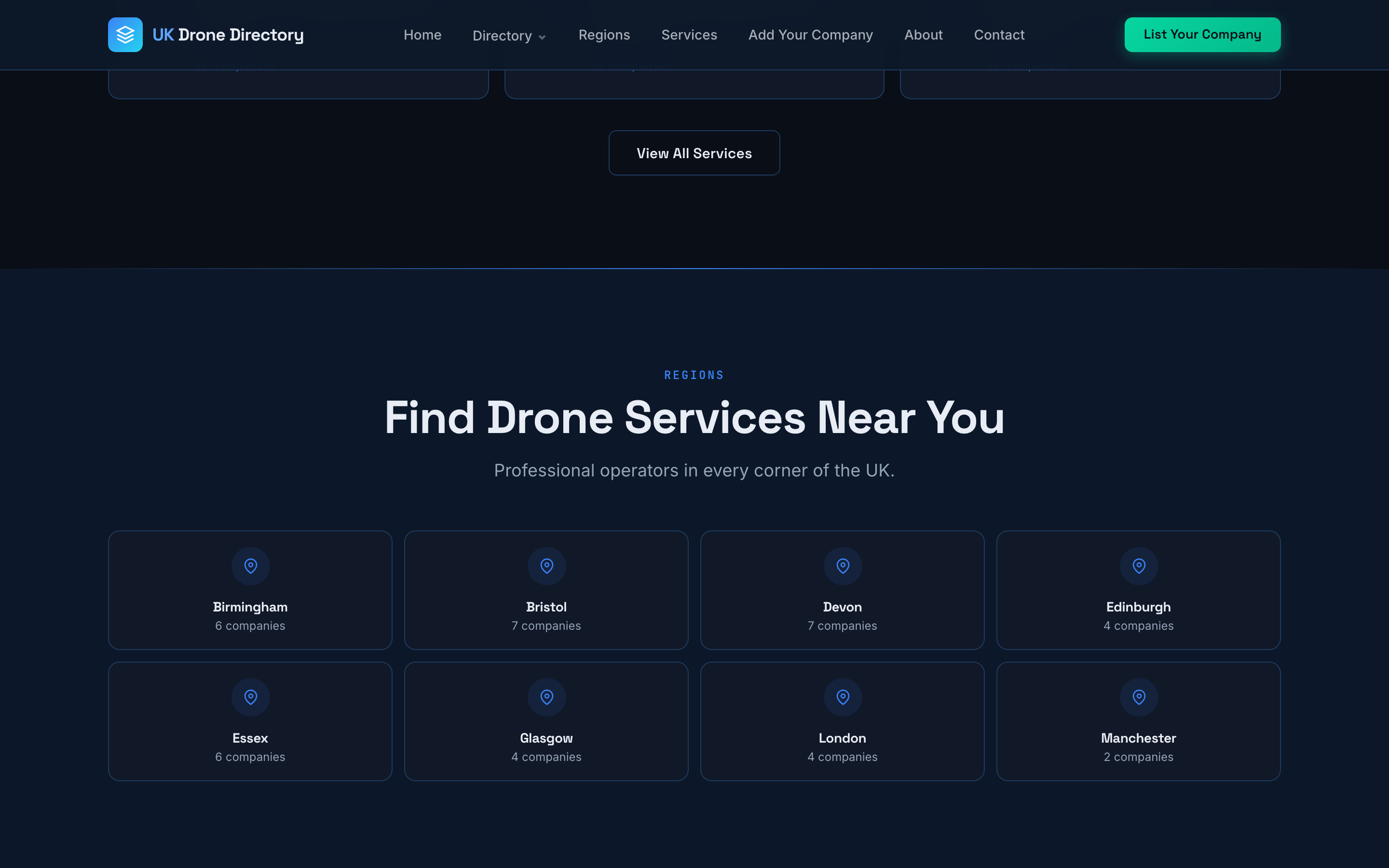 UK Drone Directory “Find Drone Services Near You” regions grid
