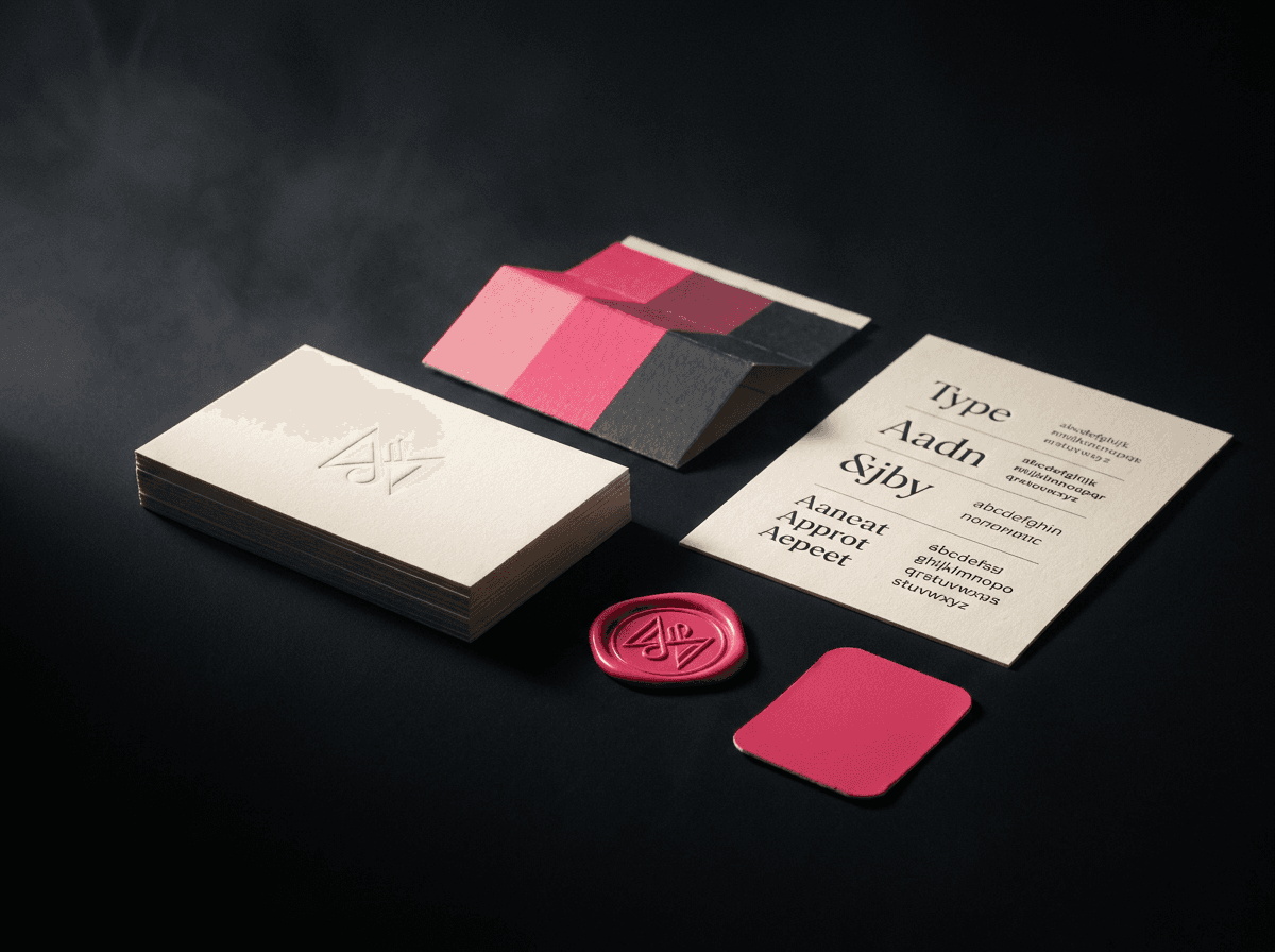 A brand moodboard with colour swatches and printed identity materials on a desk