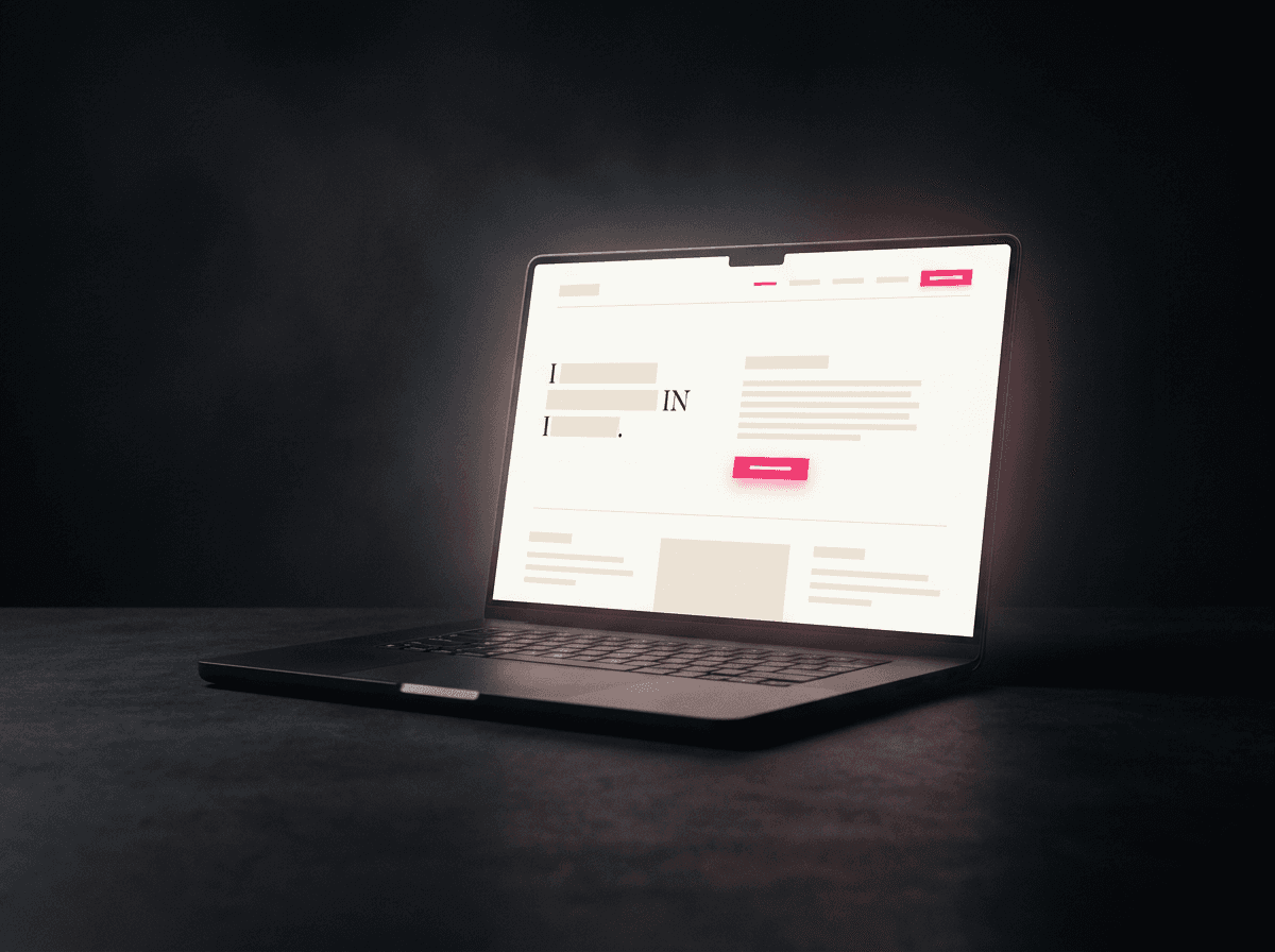 A designer’s studio desk with a striking website on screen in warm light