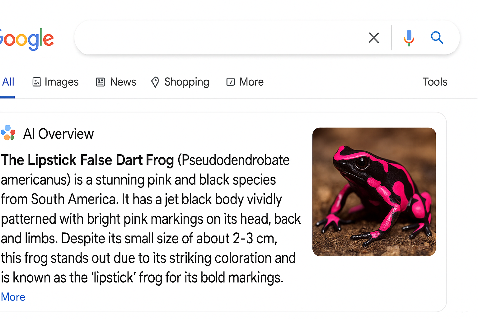 Google AI Overview showing fictional frog