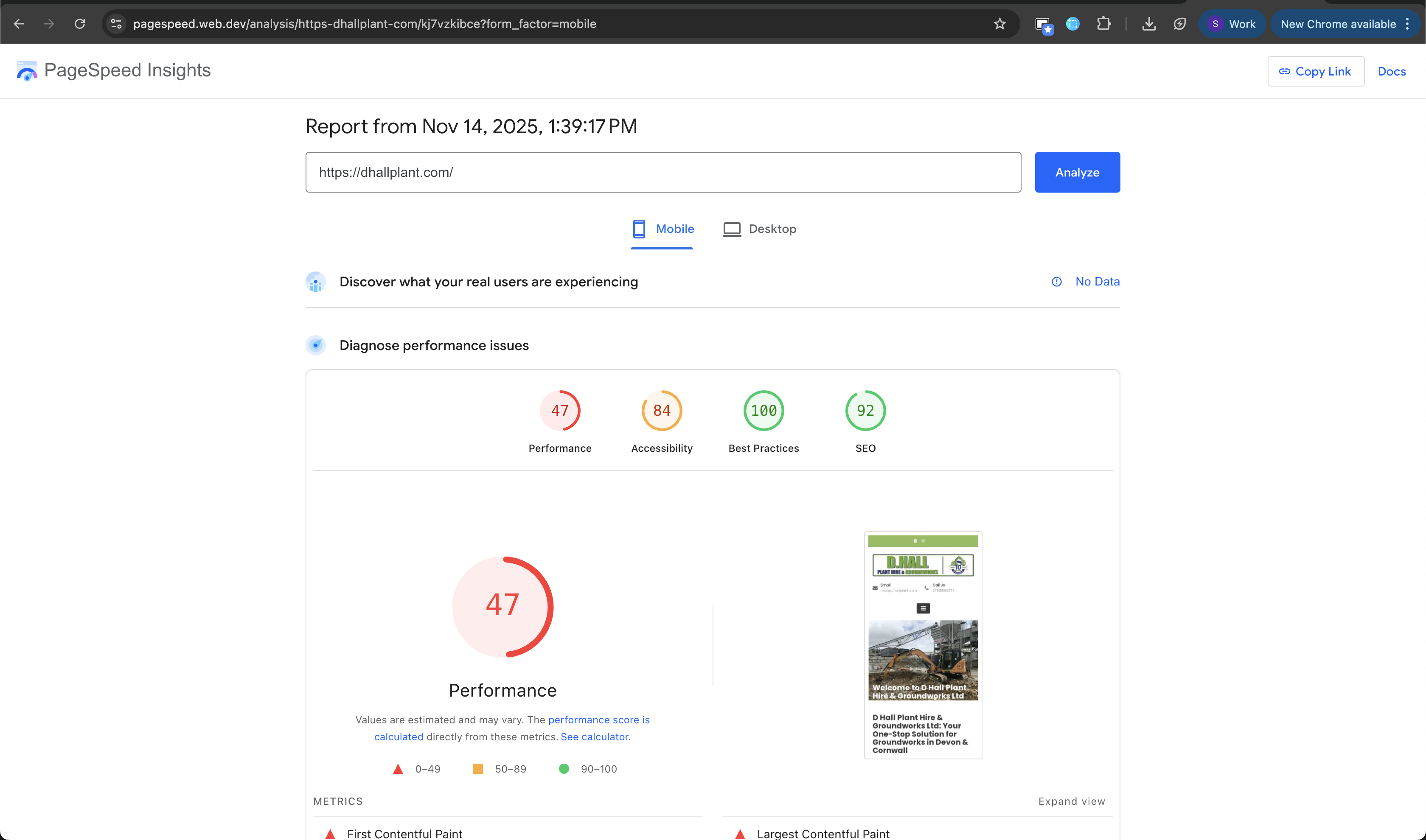 D Hall Plant Hire old website PageSpeed score of 47